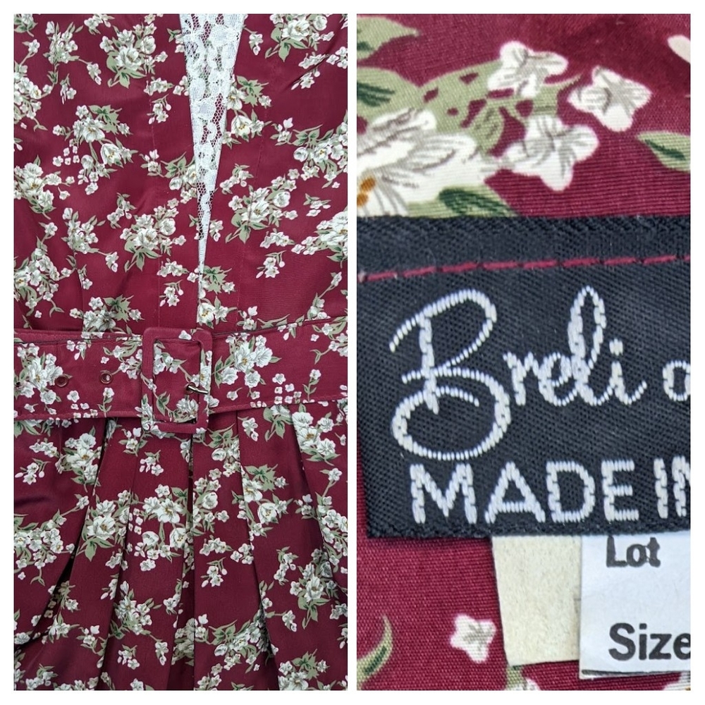 Vintage 80's Breli Originals Burgundy Red & White Floral Half Sleeve Dress - Picture 2 of 4